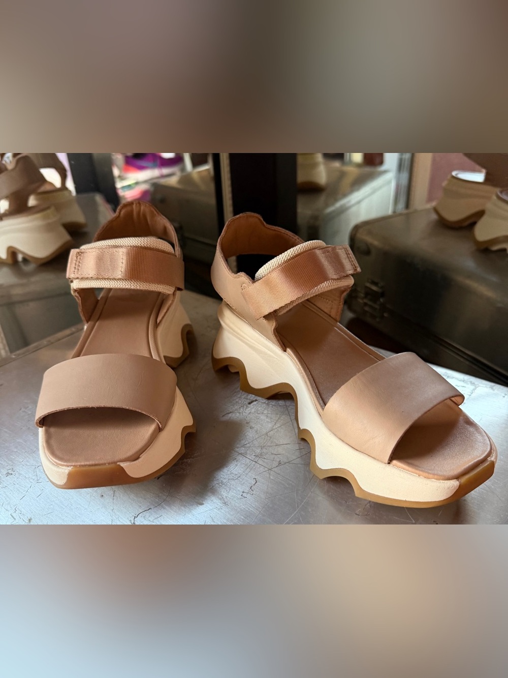 SOREL Kinetic Impact Y-Strap High Wedge Sandal Honest Beige Size 5